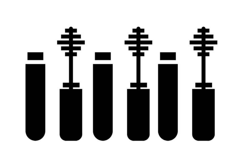 Black and white drawing of 3 mascara brushes and their tubes